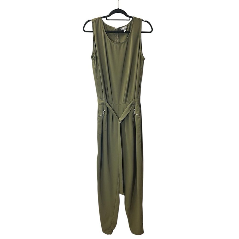 Neiman Marcus Green Utility Sleeveless Jumpsuit Size L Zip Back & Pockets Y2K